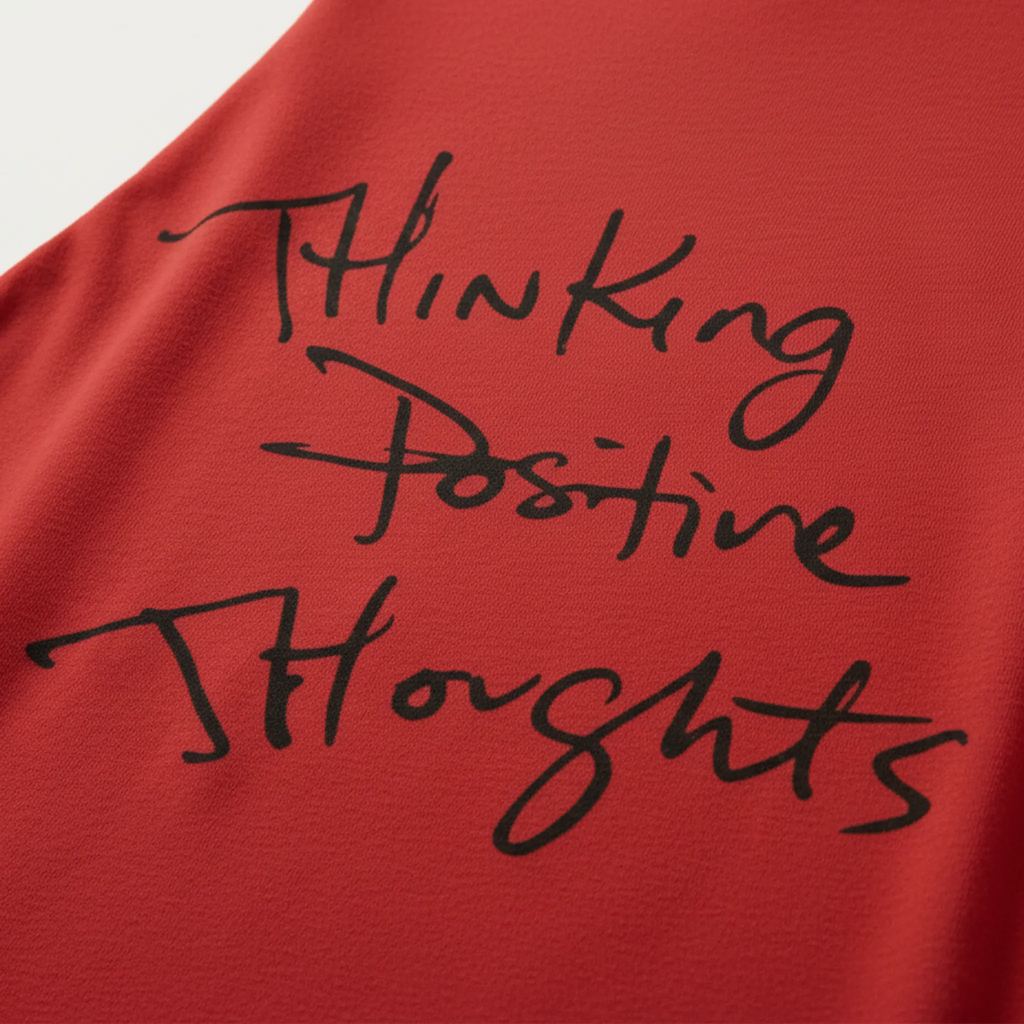 Red Bella Thinking Positive Thoughts long sleeve tee, handwritten graphic detail, black ink on red cotton, texture view.