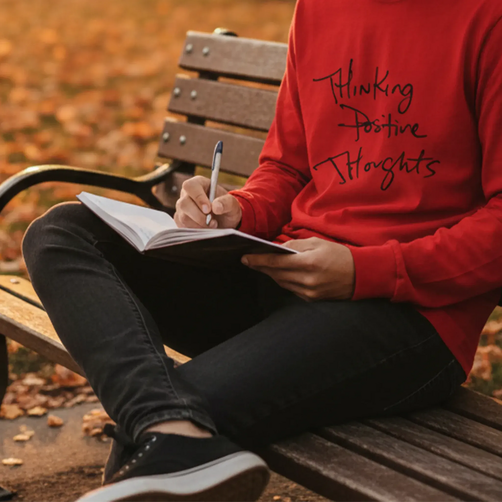 Red Bella Thinking Positive Thoughts long sleeve tee, handwritten graphic, outdoor park lifestyle front view.