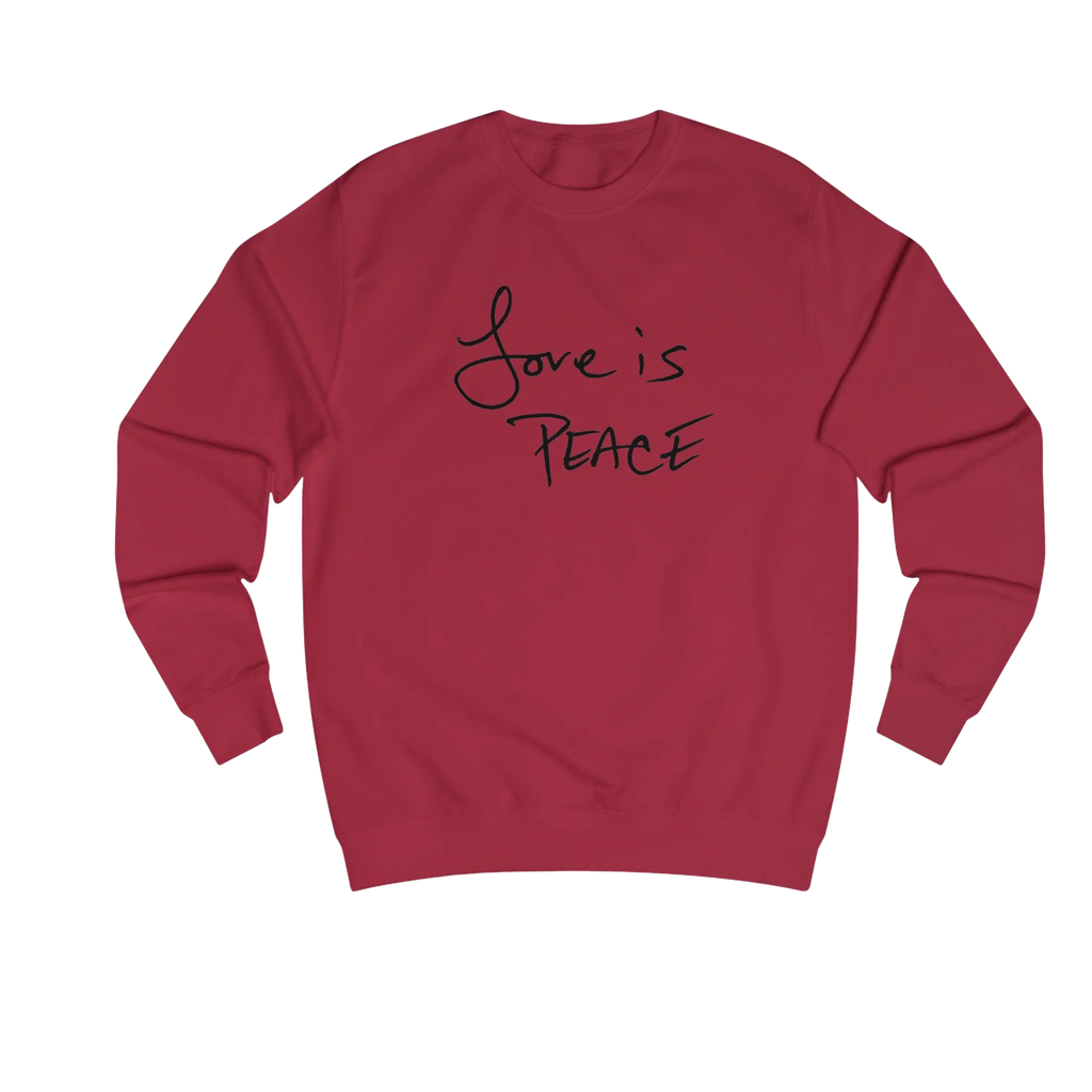 Red Hot Chili Love is Peace crewneck sweatshirt, handwritten Love is Peace graphic, crew neck, front view.