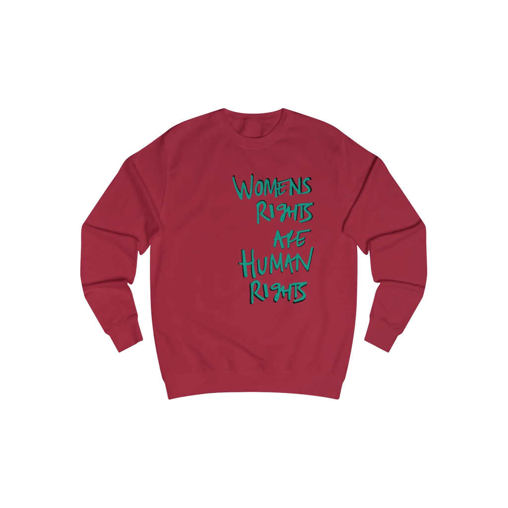 Red Hot Chili Women's Rights sweatshirt, Womens Rights Are Human Rights graphic handwritten in green text, crew neck, front view.