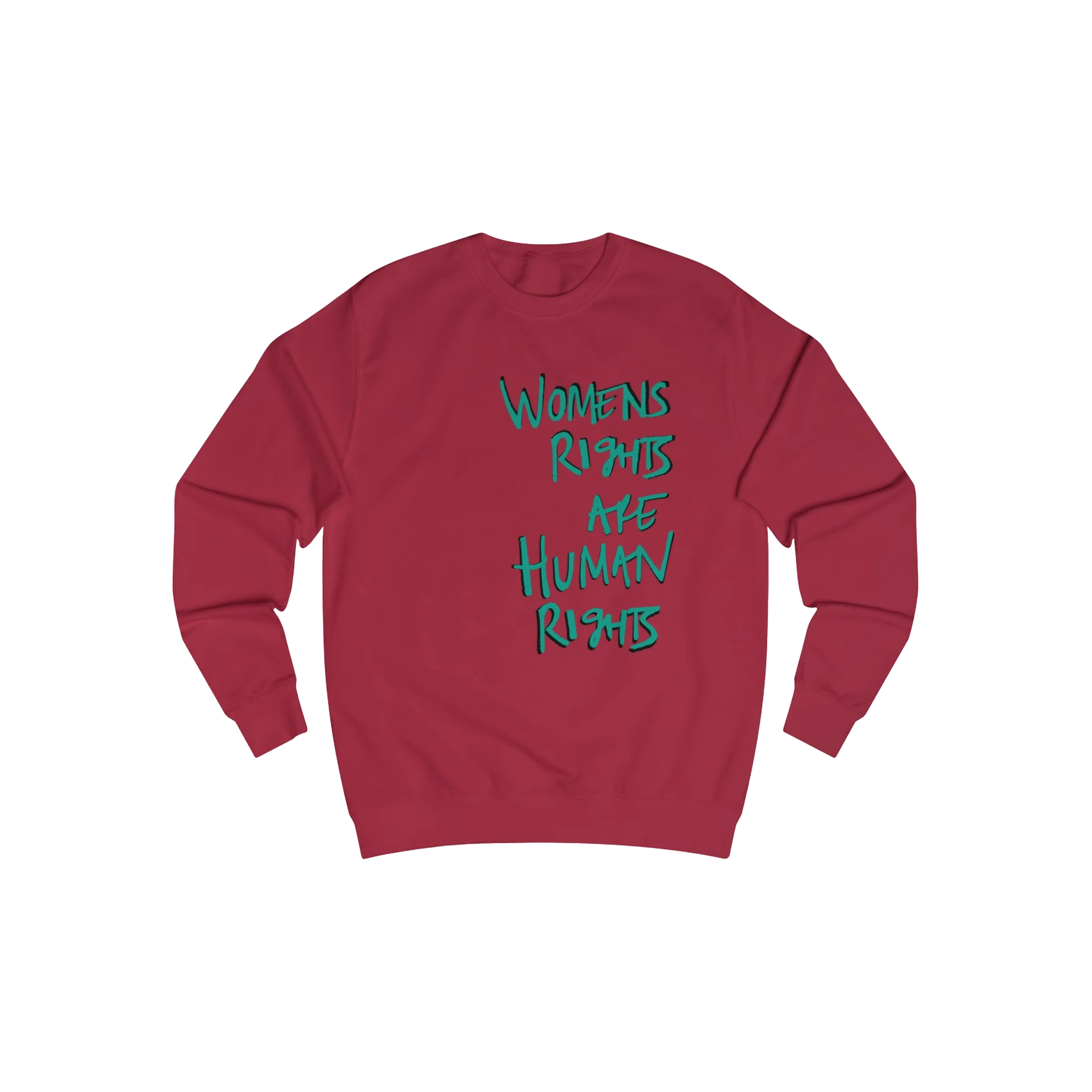 Red Hot Chili Women's Rights sweatshirt, Womens Rights Are Human Rights graphic handwritten in green text, crew neck, front view.