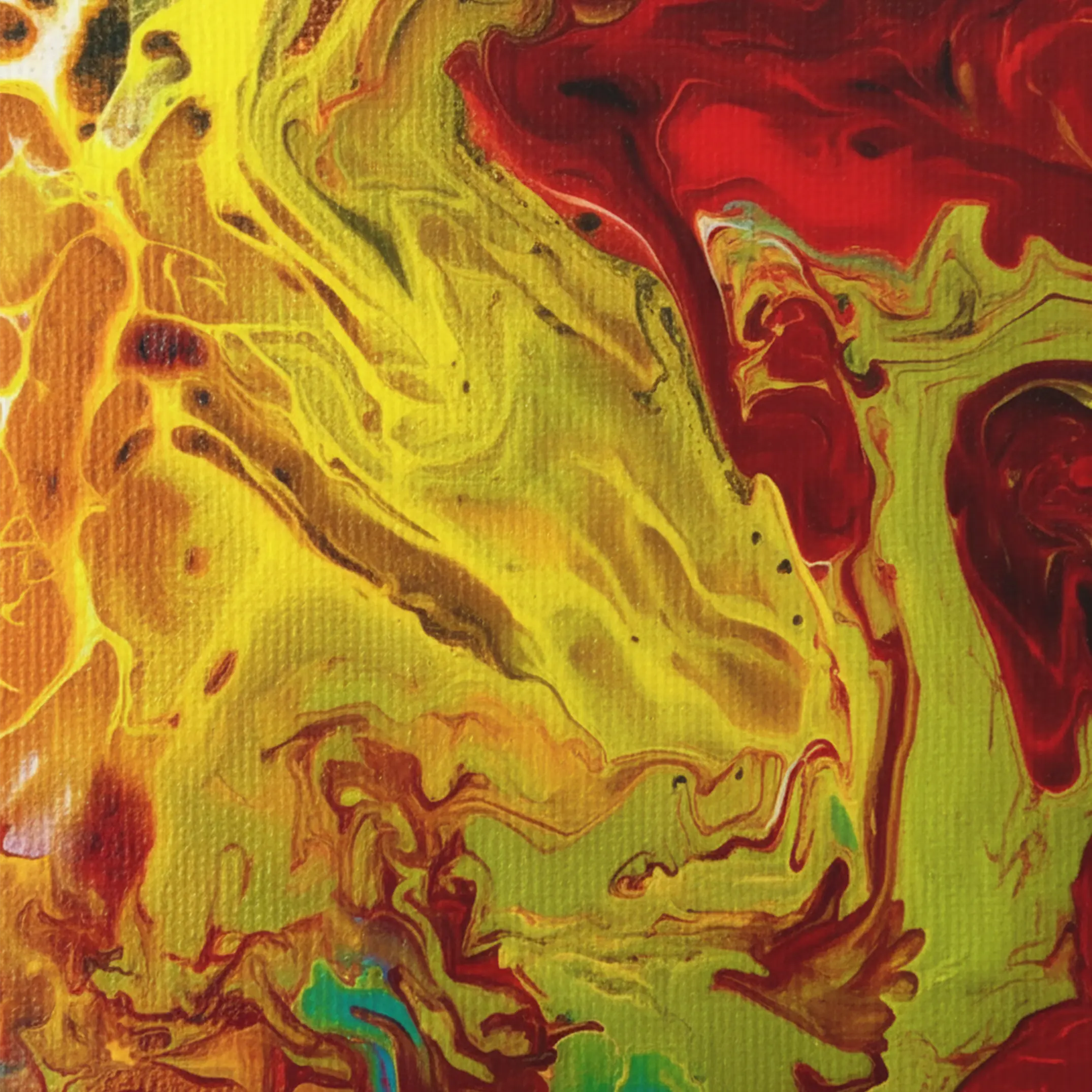Close-up texture detail of "Red Rain" gallery-wrapped abstract canvas by FREEBRD — fluid acrylic art in crimson, bronze, gold, teal and deep violet on premium DTF canvas with archival matte finish.
