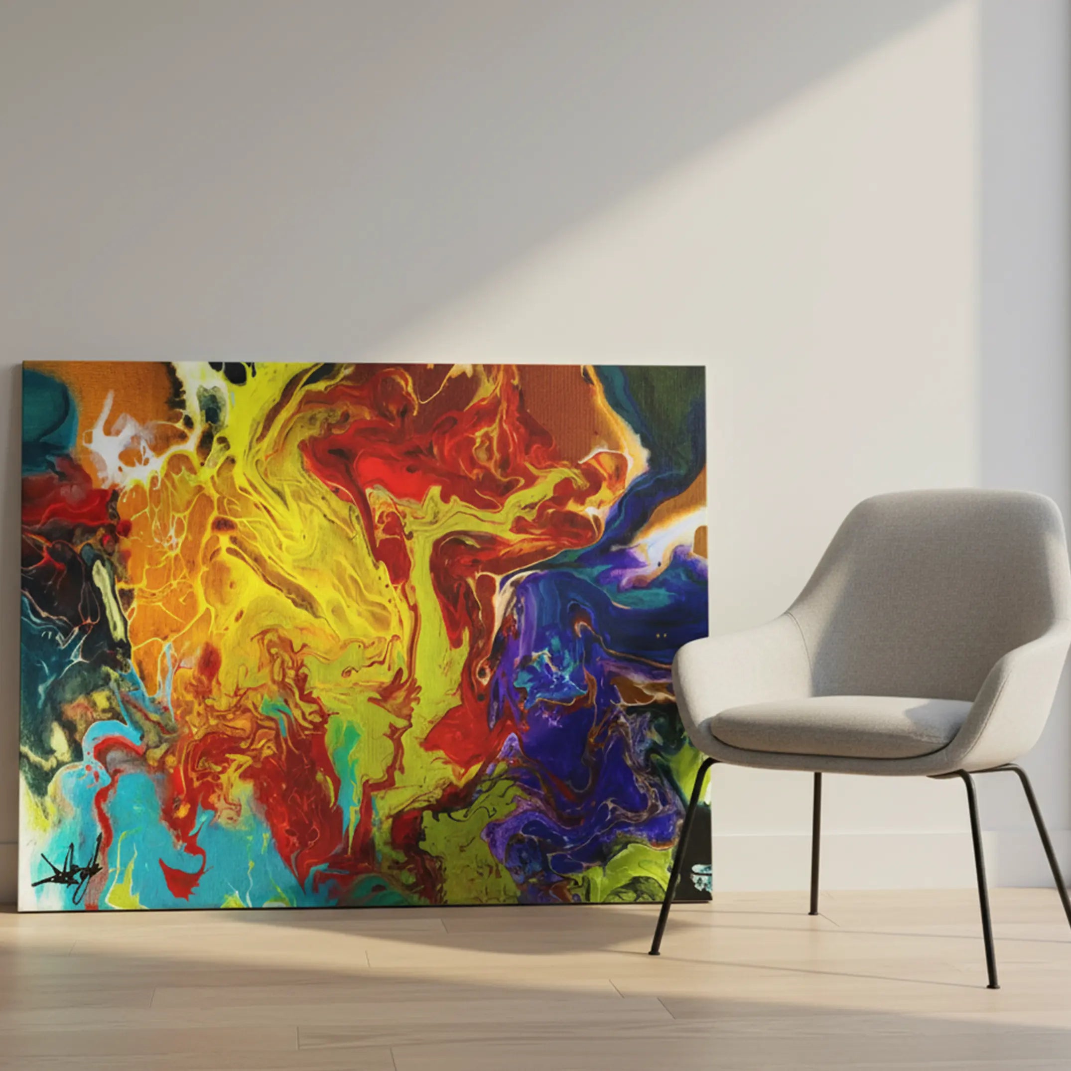 "Red Rain" 40x30 horizontal gallery-wrapped abstract canvas by FREEBRD leaning against a modern interior wall beside a contemporary accent chair — size reference for large horizontal abstract wall art decor.
