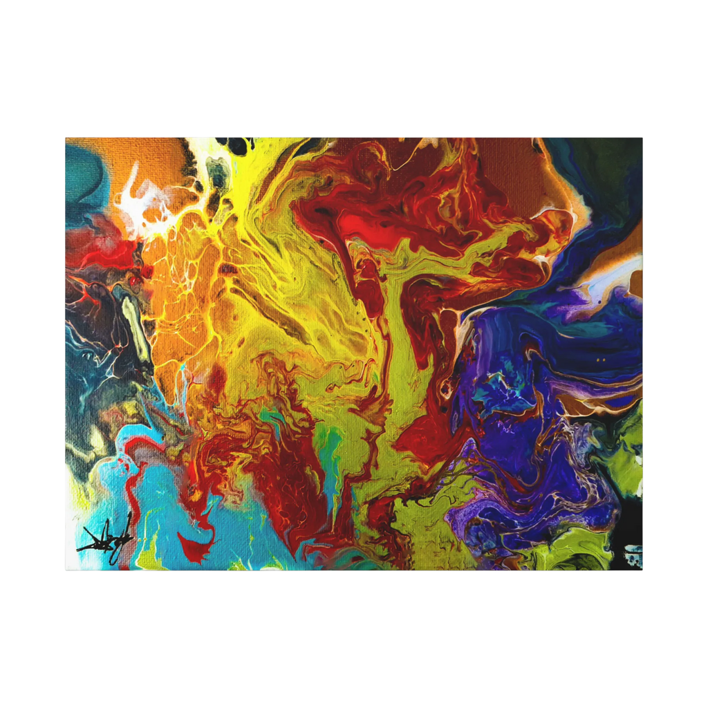 A front preview of the 24x18 "Red Rain" Abstract Canvas Wall Art Decor Showcasing red tones, purples, yellows, bronze, blacks and blue tones on a 1.25 inch canvas.