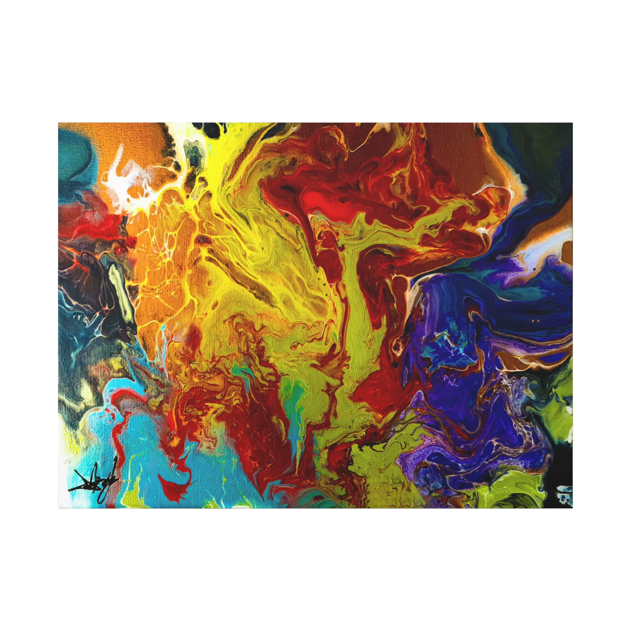 A front preview of the 24x18 "Red Rain" Abstract Canvas Wall Art Decor Showcasing red tones, purples, yellows, bronze, blacks and blue tones on a 1.25 inch canvas.