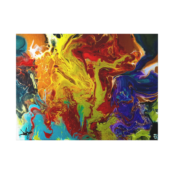 A front preview of the 24x18 "Red Rain" Abstract Canvas Wall Art Decor Showcasing red tones, purples, yellows, bronze, blacks and blue tones on a 1.25 inch canvas.