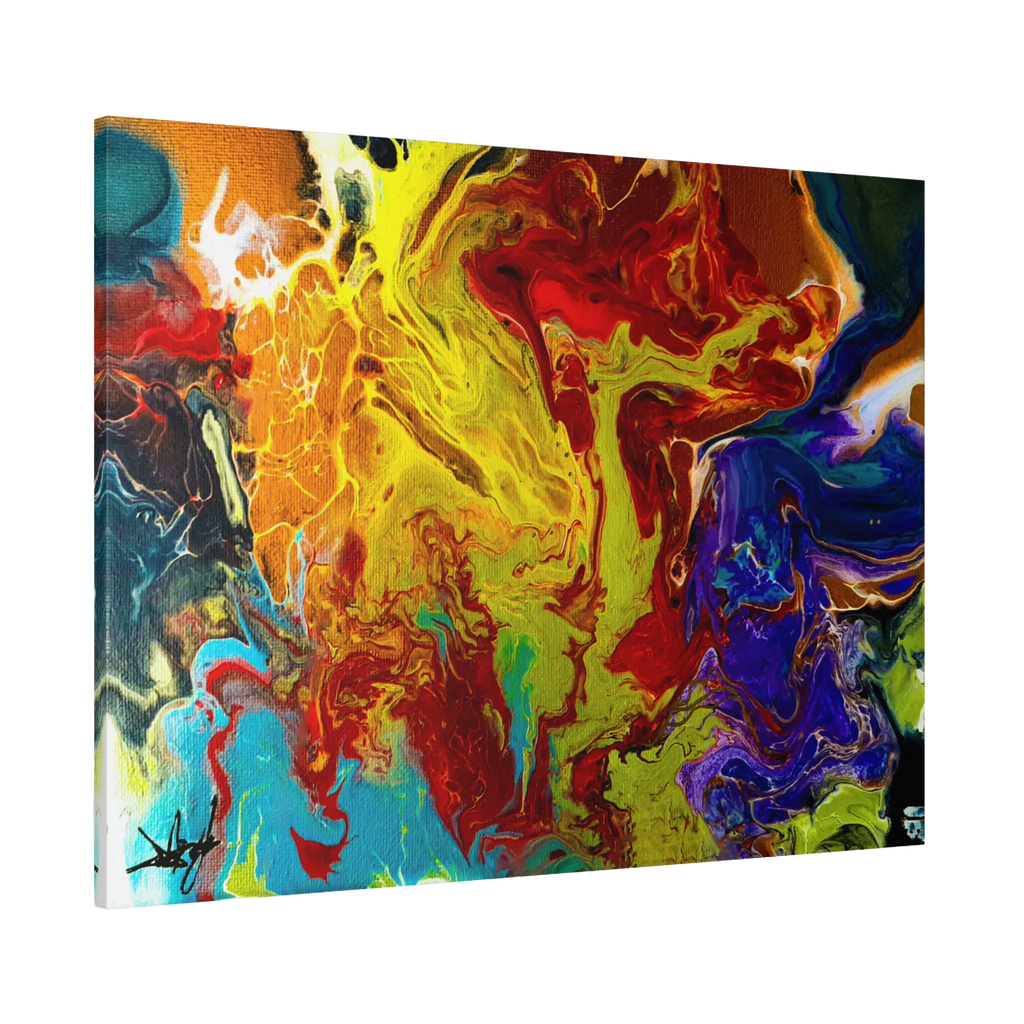 A side preview of the 24x18 "Red Rain" Abstract Canvas Wall Art Decor Showcasing red tones, purples, yellows, bronze, blacks and blue tones on a 1.25 inch canvas.