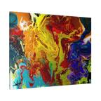 A side preview of the 24x18 "Red Rain" Abstract Canvas Wall Art Decor Showcasing red tones, purples, yellows, bronze, blacks and blue tones on a 1.25 inch canvas.