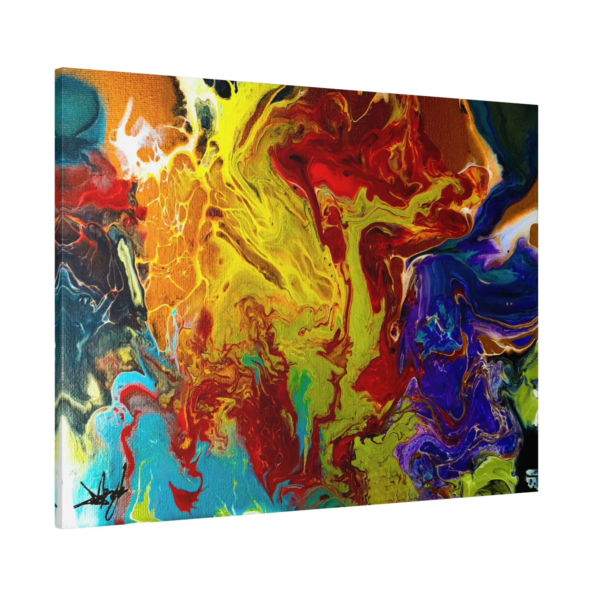 A side preview of the 24x18 "Red Rain" Abstract Canvas Wall Art Decor Showcasing red tones, purples, yellows, bronze, blacks and blue tones on a 1.25 inch canvas.