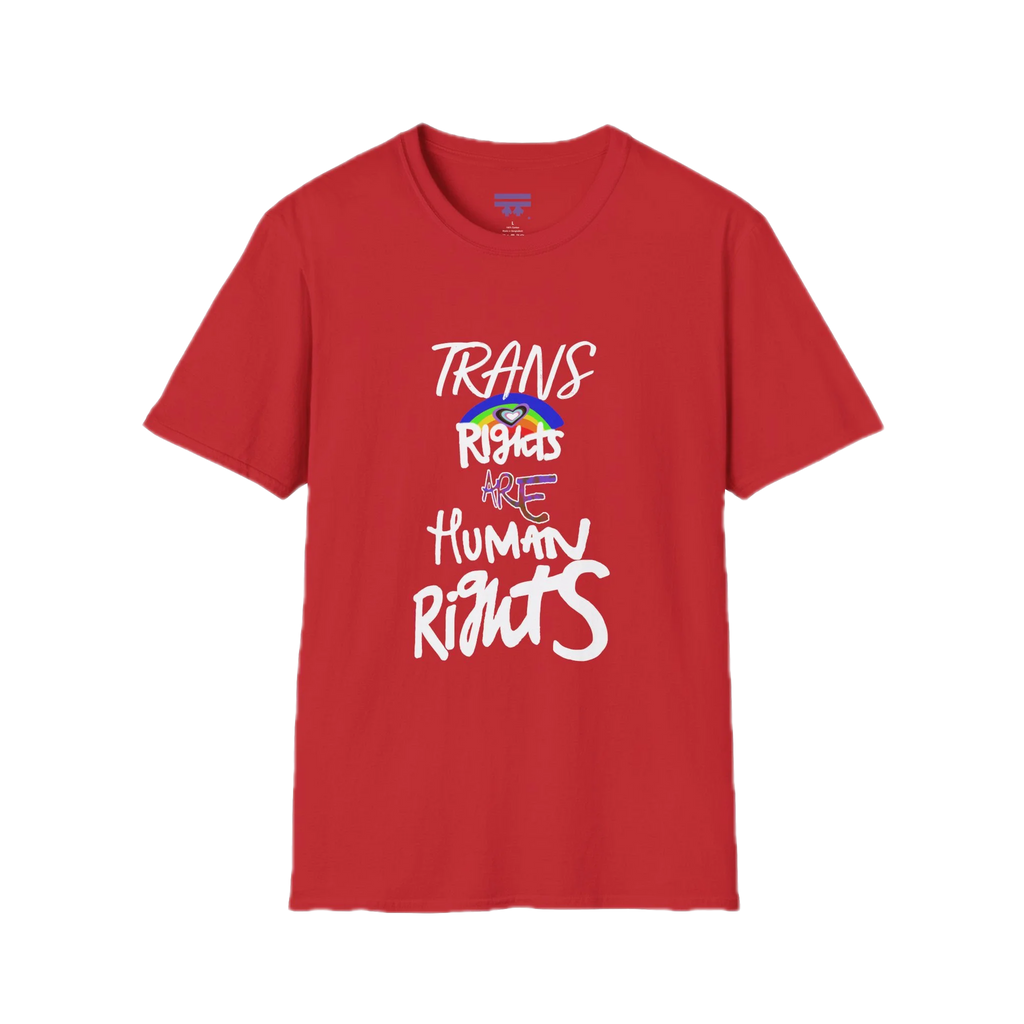 A red Trans Rights Are Human Rights T-Shirt — hand-lettered rainbow graphic, front preview — LGBTQ pride tee.