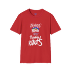 A red Trans Rights Are Human Rights T-Shirt — hand-lettered rainbow graphic, front preview — LGBTQ pride tee.