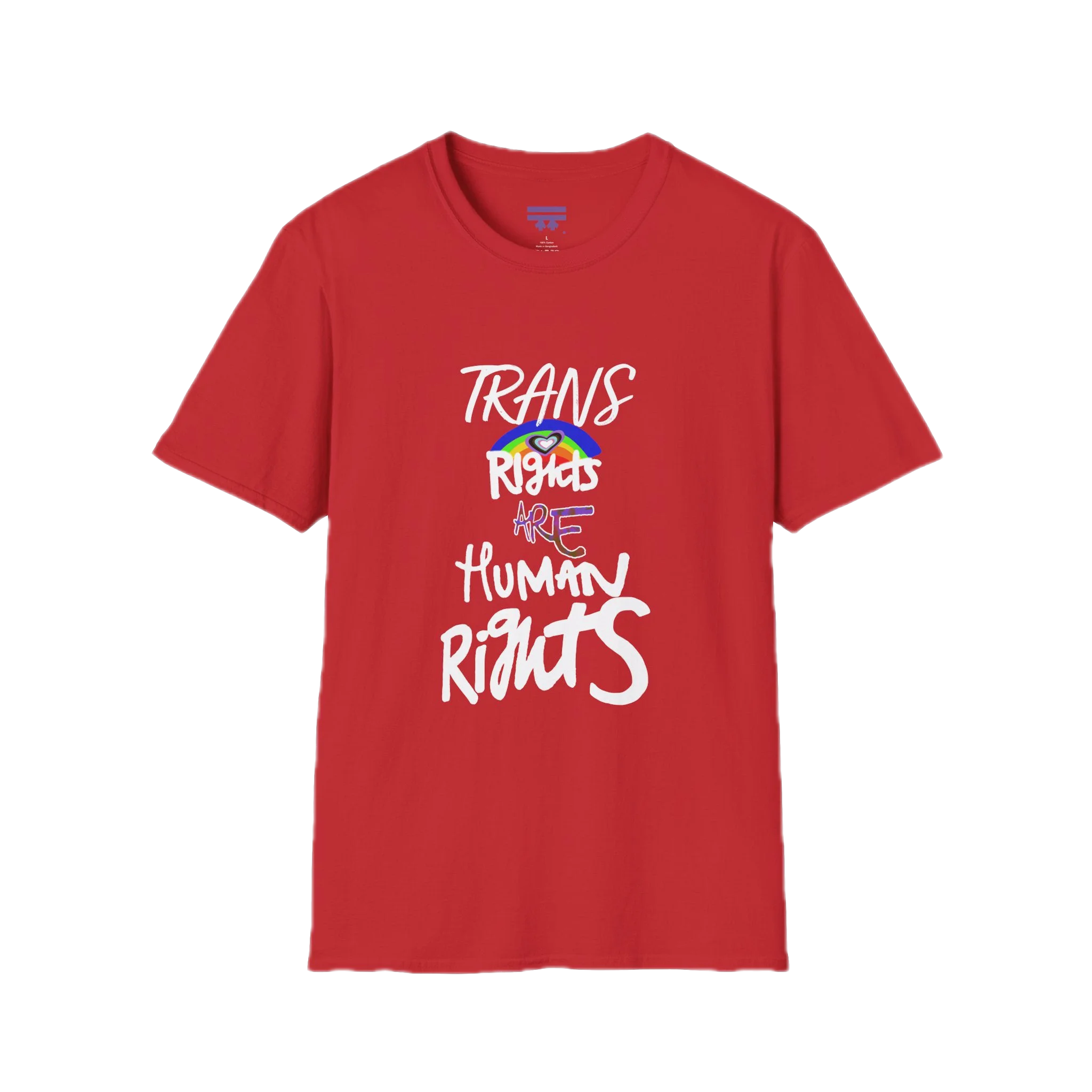 A red Trans Rights Are Human Rights T-Shirt — hand-lettered rainbow graphic, front preview — LGBTQ pride tee.