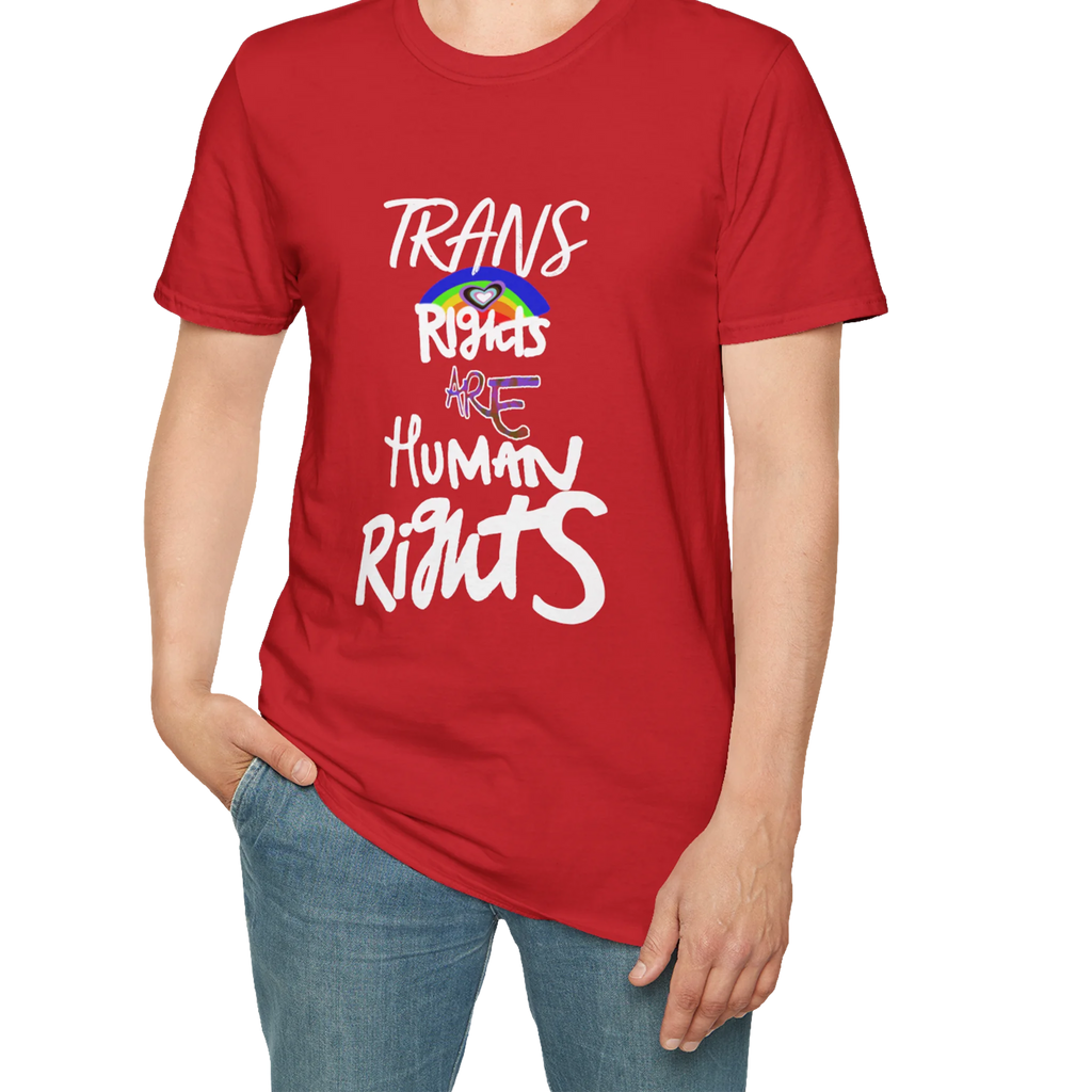 A person wearing the red Trans Rights Are Human Rights T-Shirt — hand-lettered rainbow graphic, front preview — LGBTQ pride tee.