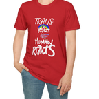 A person wearing the red Trans Rights Are Human Rights T-Shirt — hand-lettered rainbow graphic, front preview — LGBTQ pride tee.
