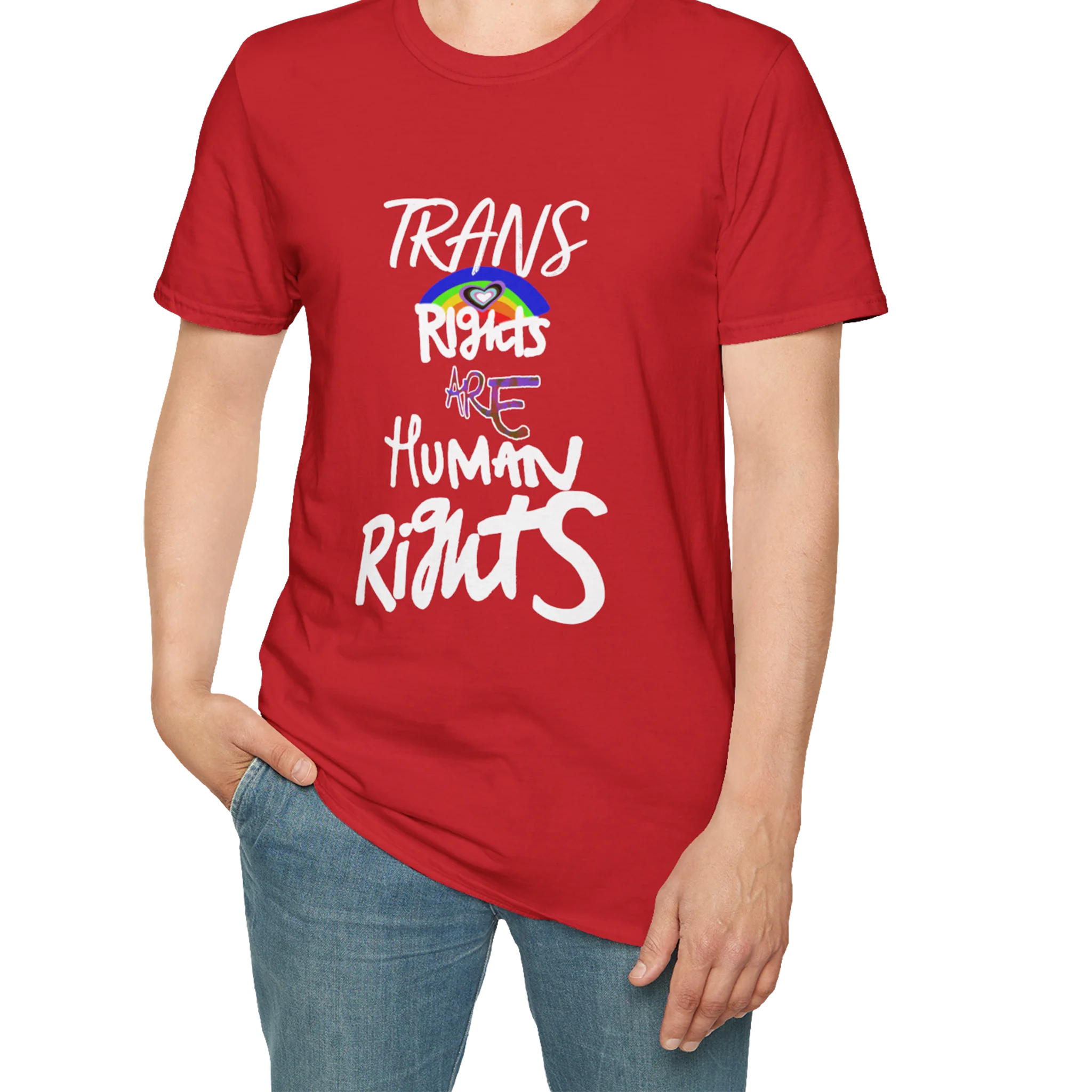 A person wearing the red Trans Rights Are Human Rights T-Shirt — hand-lettered rainbow graphic, front preview — LGBTQ pride tee.