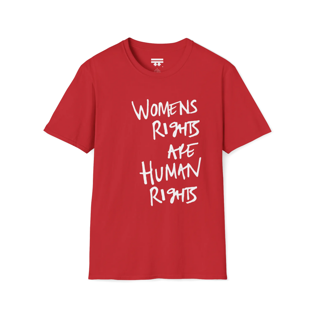 A front view of the red women's rights are human rights t-shirt.