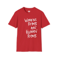 A front view of the red women's rights are human rights t-shirt.
