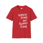 A front view of the red women's rights are human rights t-shirt.