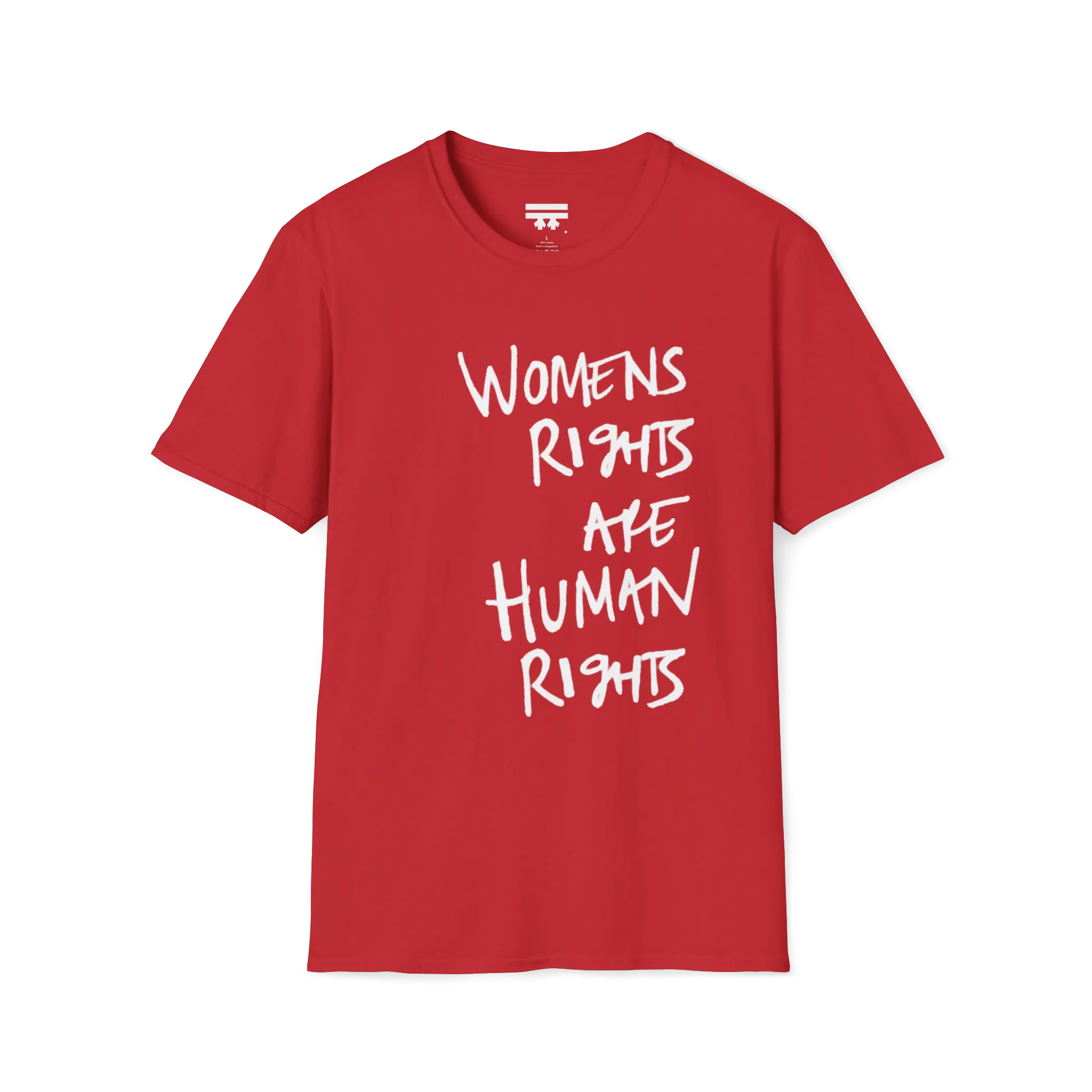 A front view of the red women's rights are human rights t-shirt.