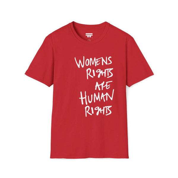 A front view of the red women's rights are human rights t-shirt.