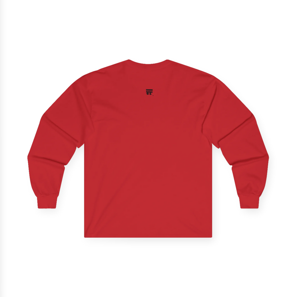 Red Women's Rights long sleeve tee, handwritten Womens Rights Are Human Rights graphic, crew neck, back view.