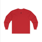 Red Women's Rights long sleeve tee, handwritten Womens Rights Are Human Rights graphic, crew neck, back view.