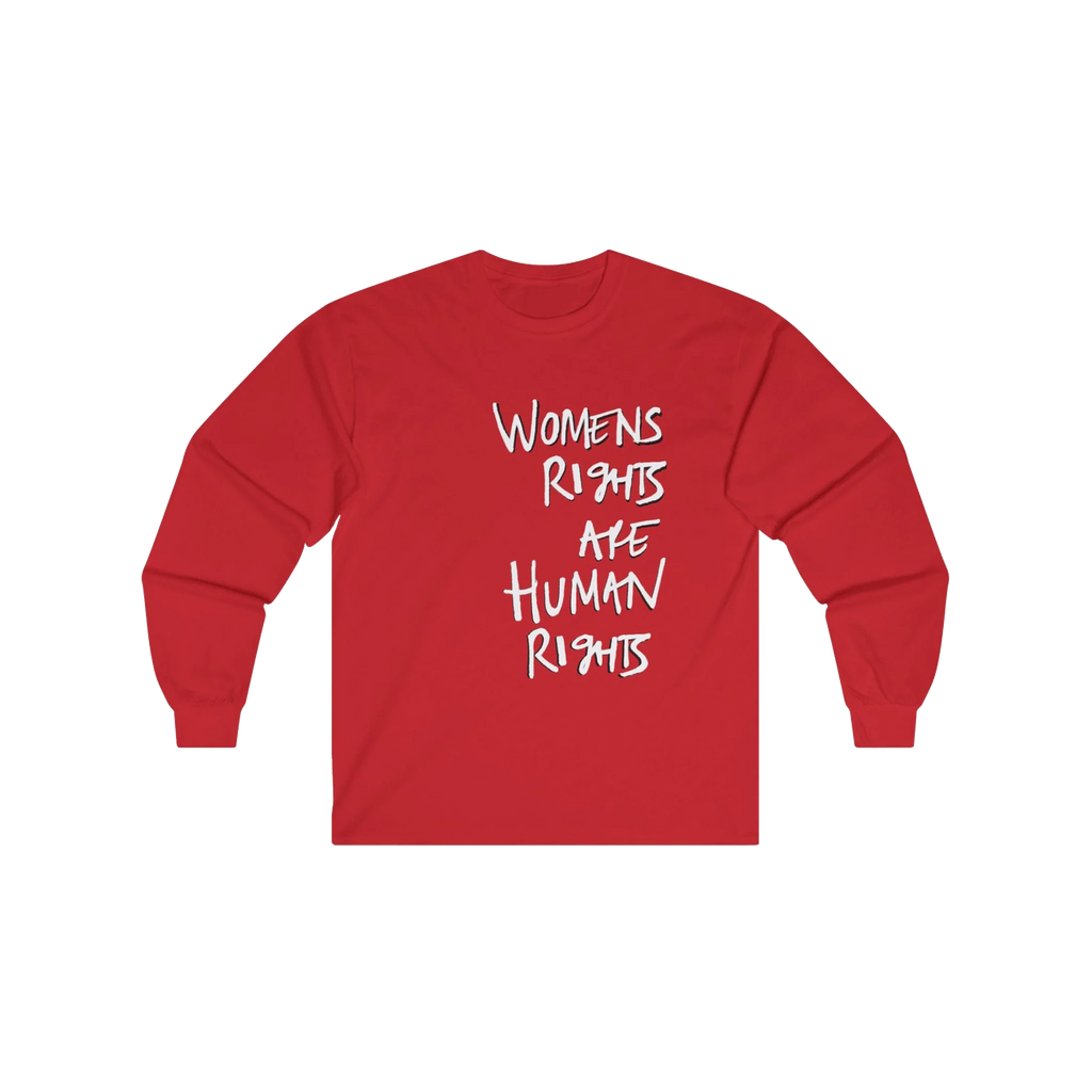Red Women's Rights long sleeve tee, handwritten Womens Rights Are Human Rights graphic, crew neck, front view.