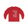 Red Women's Rights long sleeve tee, handwritten Womens Rights Are Human Rights graphic, crew neck, front view.