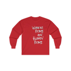 Red Women's Rights long sleeve tee, handwritten Womens Rights Are Human Rights graphic, crew neck, front view.