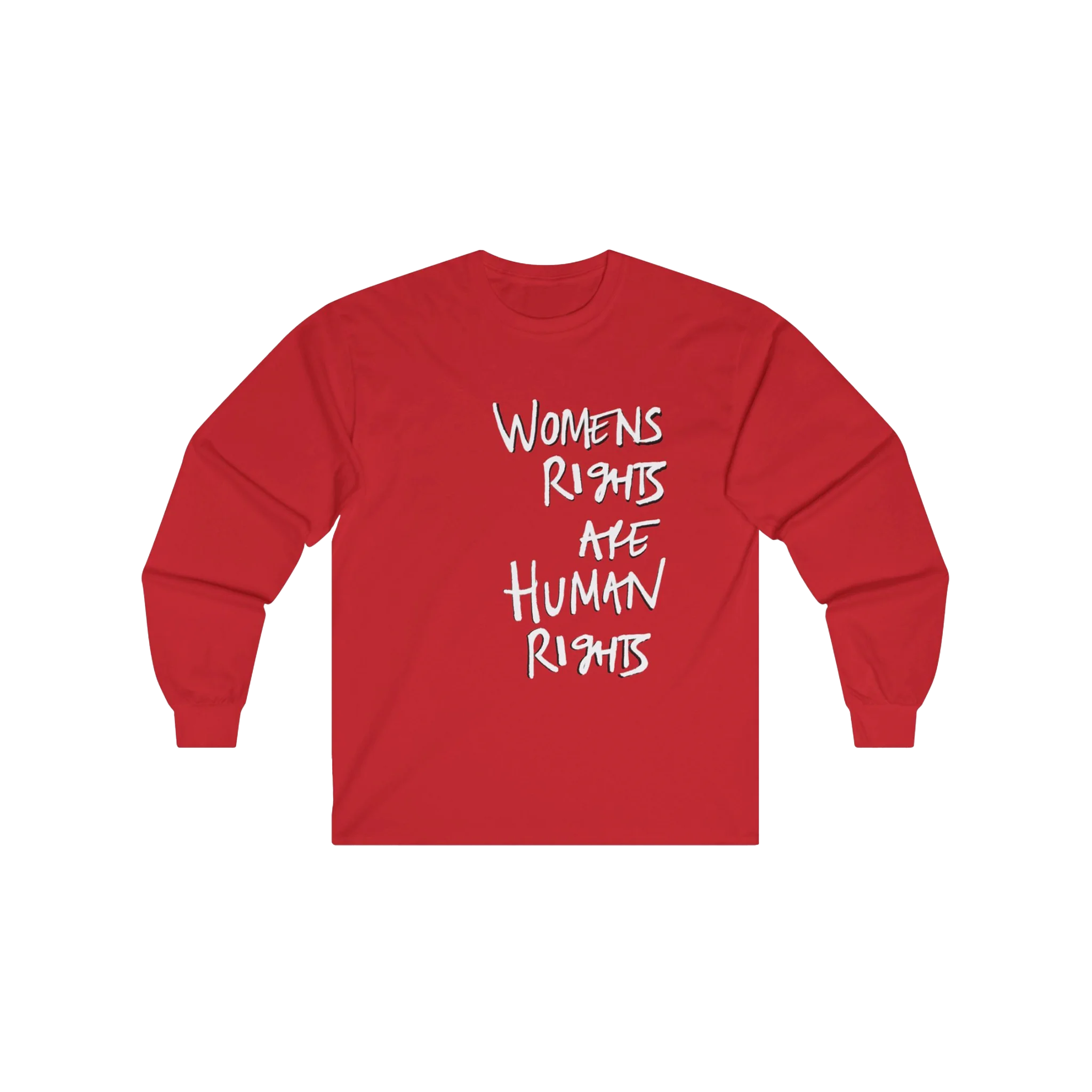 Red Women's Rights long sleeve tee, handwritten Womens Rights Are Human Rights graphic, crew neck, front view.