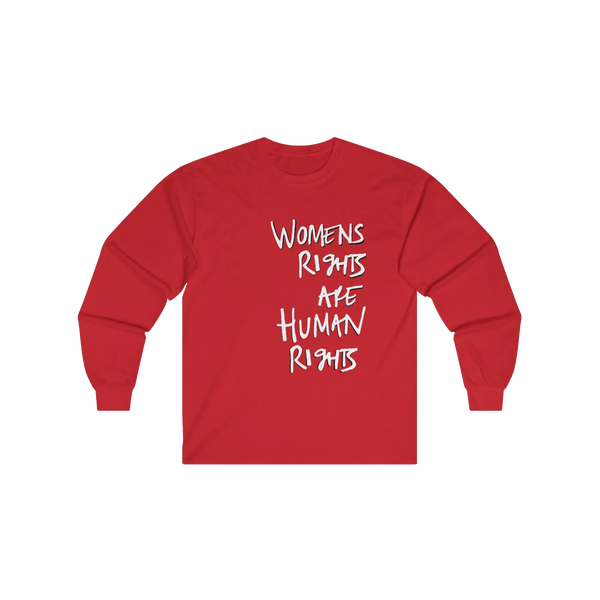 Red Women's Rights long sleeve tee, handwritten Womens Rights Are Human Rights graphic, crew neck, front view.