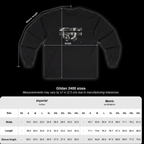 Retro Camera long sleeve tee size chart showing width, length and sleeve measurements in inches and centimeters.