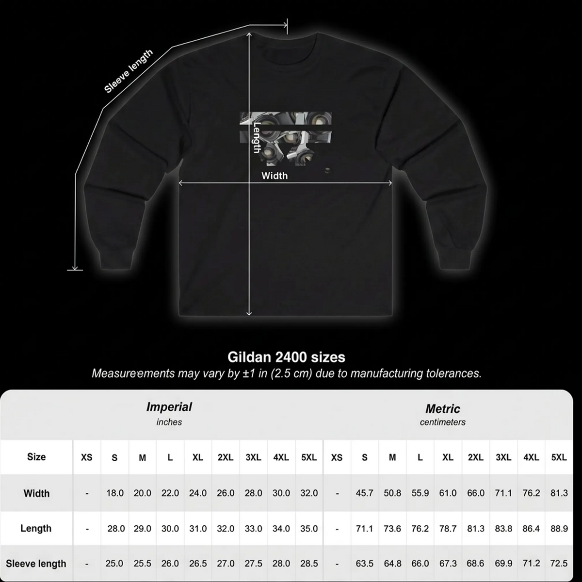 Retro Camera long sleeve tee size chart showing width, length and sleeve measurements in inches and centimeters.