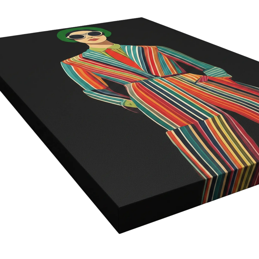 Side profile depth shot of Freebrd "Retro Fashionista" unframed pop art canvas, 24x36 vertical, showcasing 1.25" thick gallery-wrap canvas edge with deep black background wrapping around sides and vibrant multicolor striped figure