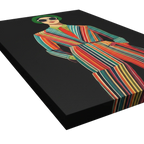 Side profile depth shot of Freebrd "Retro Fashionista" unframed pop art canvas, 24x36 vertical, showcasing 1.25" thick gallery-wrap canvas edge with deep black background wrapping around sides and vibrant multicolor striped figure