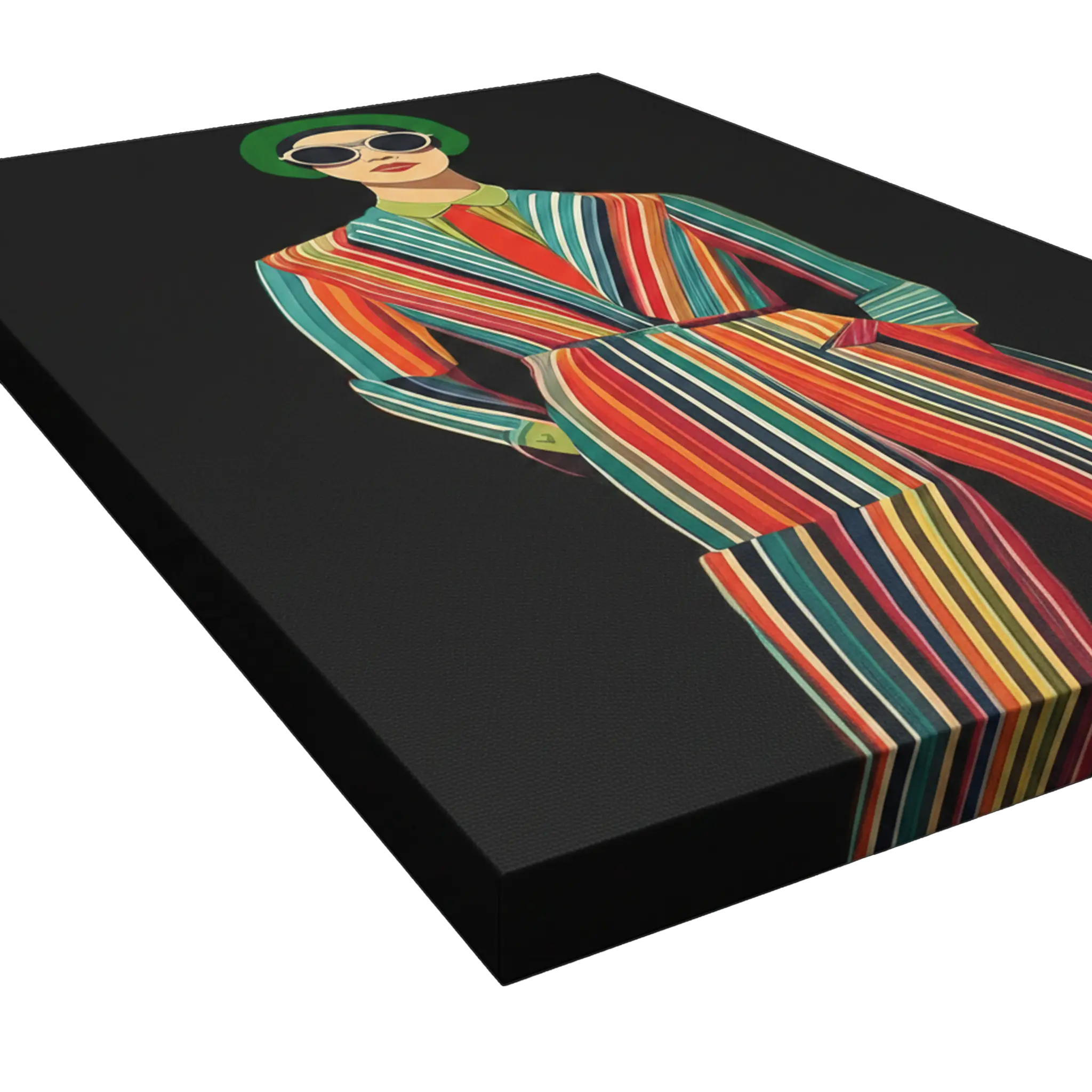 Side profile depth shot of Freebrd "Retro Fashionista" unframed pop art canvas, 24x36 vertical, showcasing 1.25" thick gallery-wrap canvas edge with deep black background wrapping around sides and vibrant multicolor striped figure
