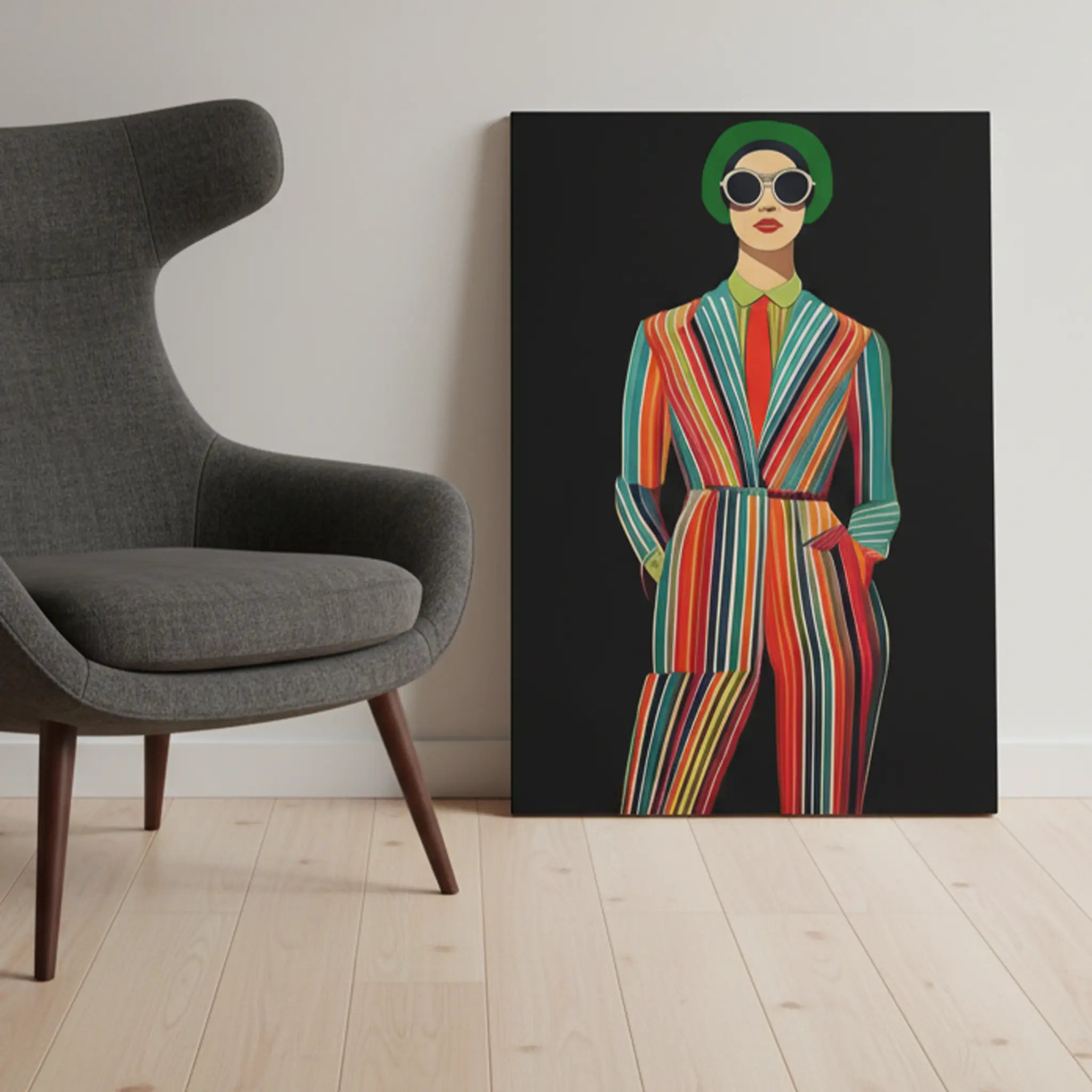 A size reference shot of the Freebrd "Retro Fashionista Chic Portrait" Vector Mod Pop Art design on a 24" x 36" (Vertical) 1.25" inch thick canvas showing a stylish retro chick wearing a pinstripe suit, red tie and circle sunglasses, laying vertical against a wall next to a modern sofa chair.
