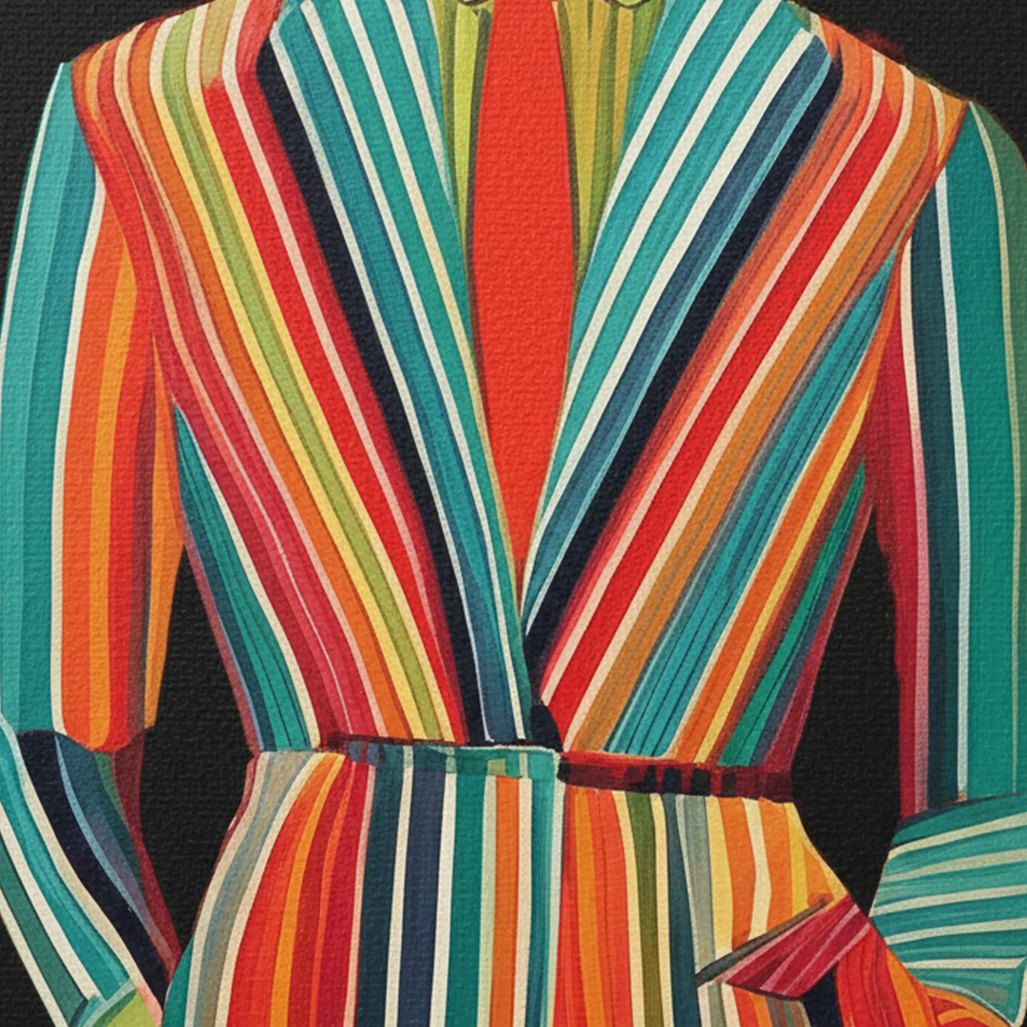 Close-up macro texture of Freebrd "Retro Fashionista" unframed pop art canvas, 24x36 vertical, 1.25" thick, bold vector retro fashion figure in multicolored striped suit — teal, red, orange, yellow, navy stripes against deep black background.