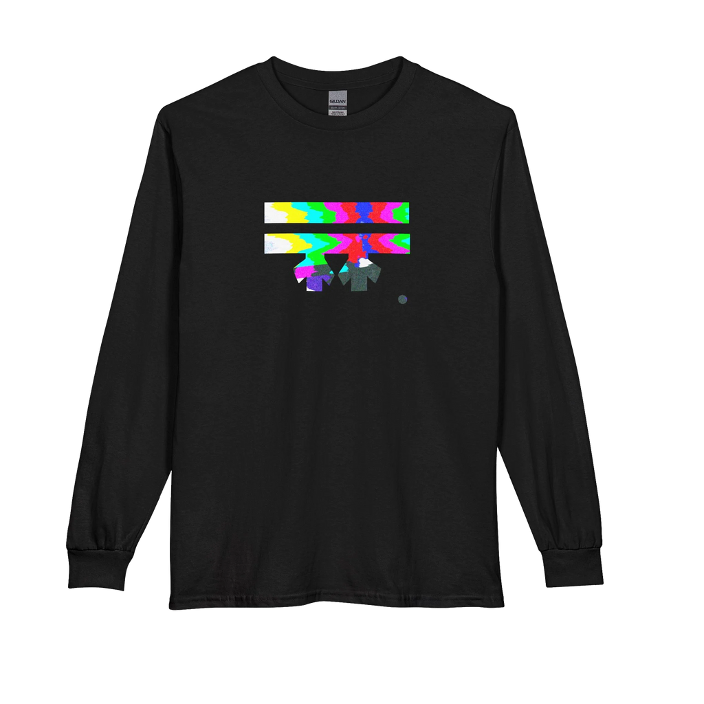Black Retro Glitch long sleeve tee, FREEBRD logo in analog TV static glitch graphic, crew neck, front view.
