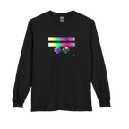 Black Retro Glitch long sleeve tee, FREEBRD logo in analog TV static glitch graphic, crew neck, front view.