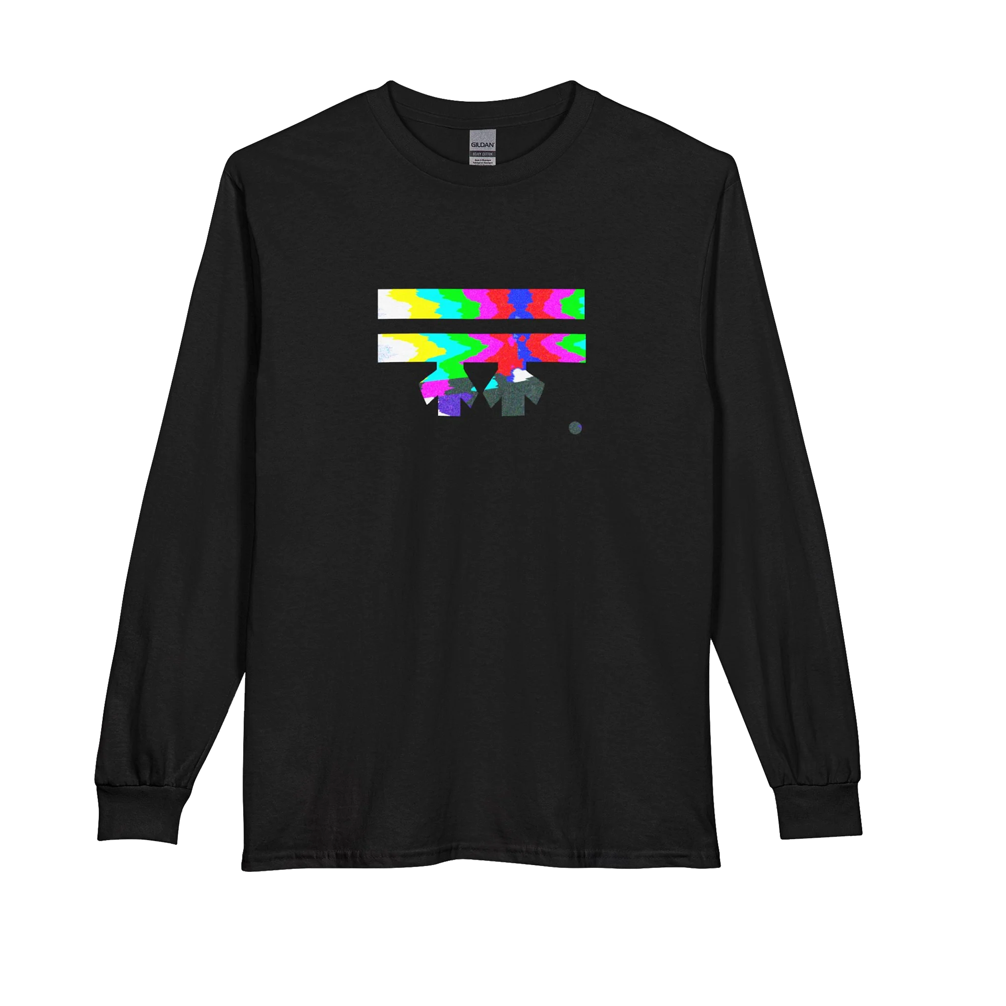Black Retro Glitch long sleeve tee, FREEBRD logo in analog TV static glitch graphic, crew neck, front view.