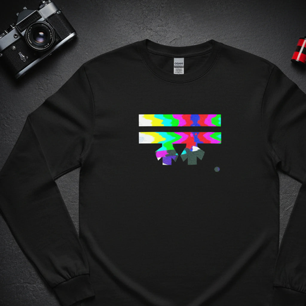 Black Retro Glitch long sleeve tee, FREEBRD logo in analog TV static glitch graphic, bird's eye flat lay view.