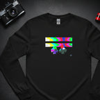 Black Retro Glitch long sleeve tee, FREEBRD logo in analog TV static glitch graphic, bird's eye flat lay view.