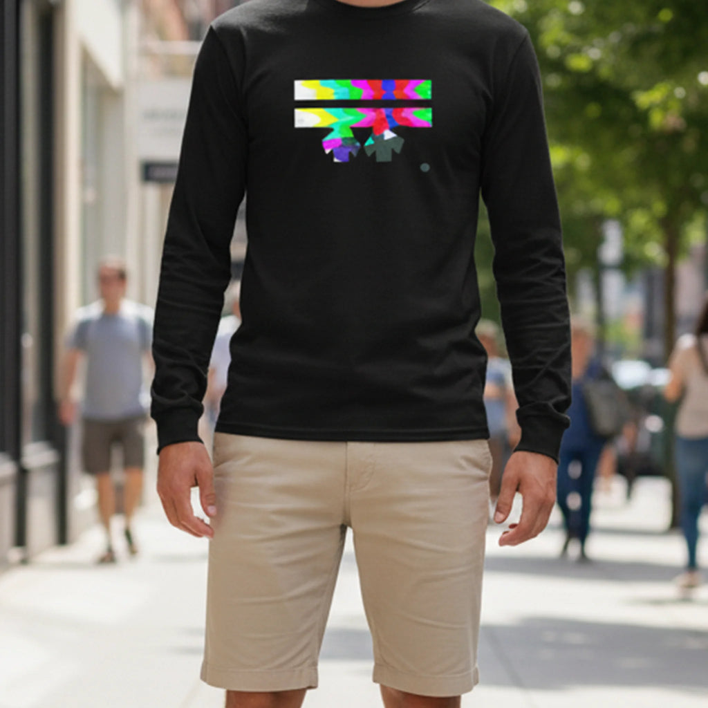 Black Retro Glitch long sleeve tee, FREEBRD logo in analog TV static glitch graphic, crew neck, styled lifestyle front view.