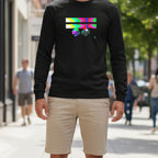 Black Retro Glitch long sleeve tee, FREEBRD logo in analog TV static glitch graphic, crew neck, styled lifestyle front view.