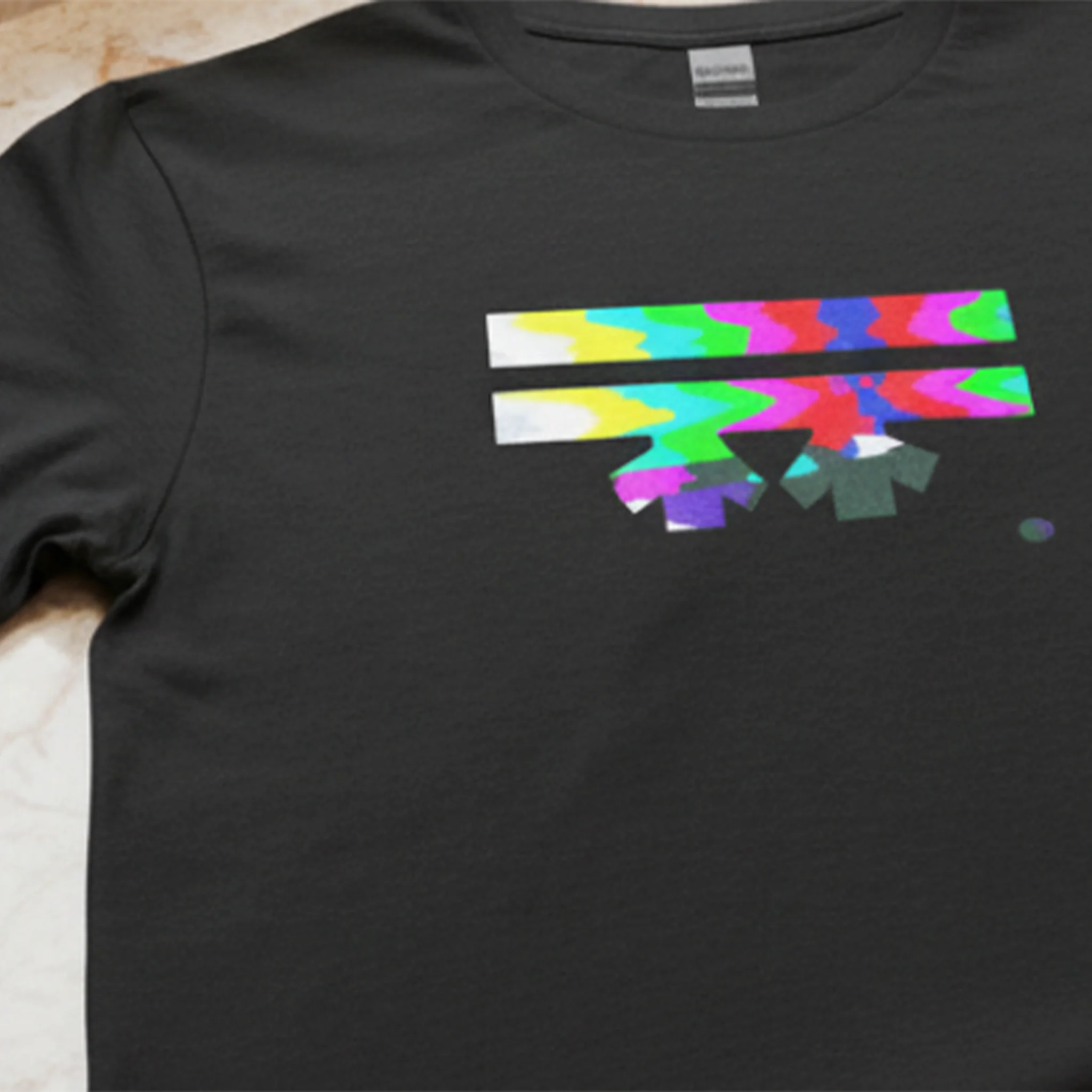 Black Retro Glitch long sleeve tee, FREEBRD logo in analog TV static glitch graphic, crew neck, texture detail view.