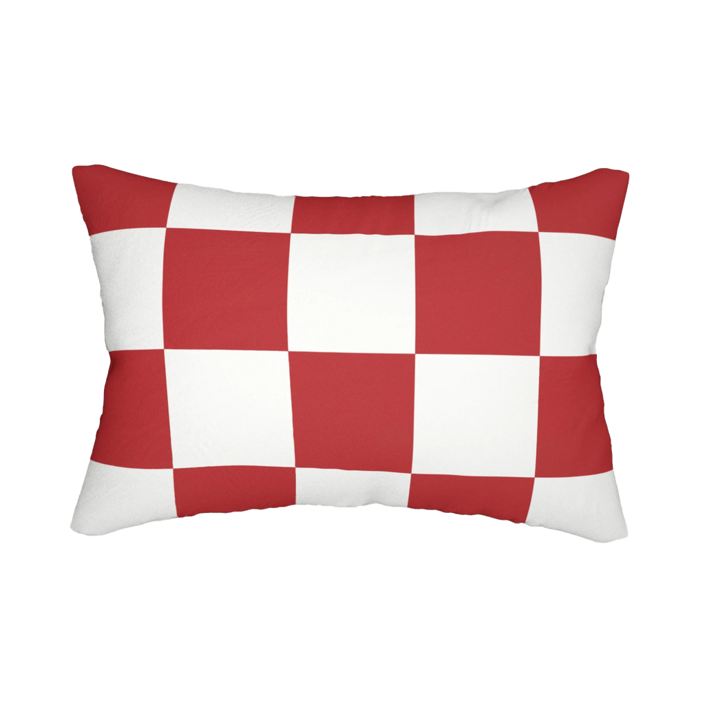Retro red white checker lumbar pillow, back view.