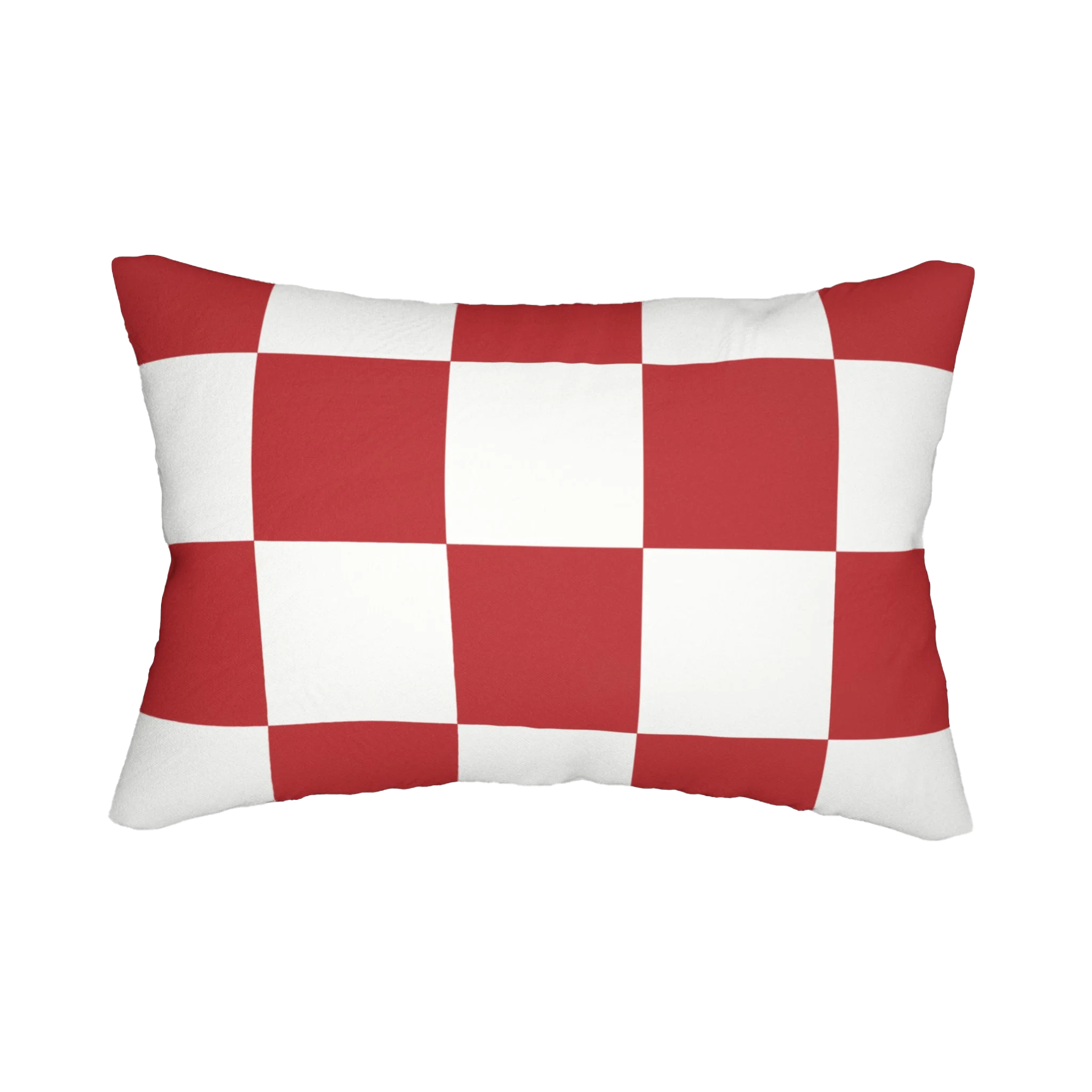 Retro red white checker lumbar pillow, back view.