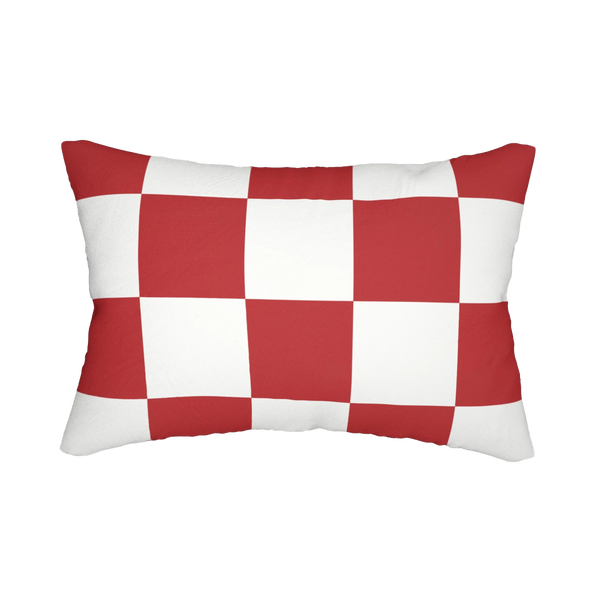 Retro red white checker lumbar pillow, front view.