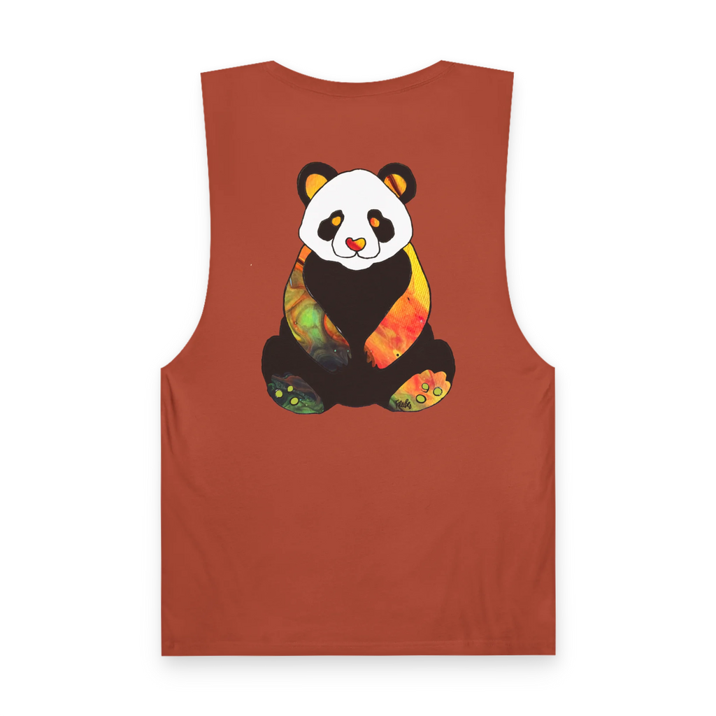 "Rizz Lucy Panda" 02.1 Edition Barnard Tank Top by FREEBRD — autumn, paint flow panda back graphic, back view.